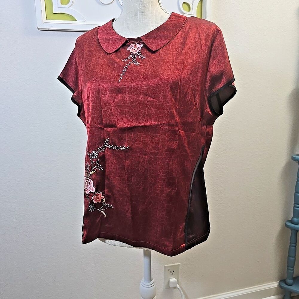 NWT Free Style! Chinese Brand Asian Inspired Blouse Brick Red Floral (3X) L - XL